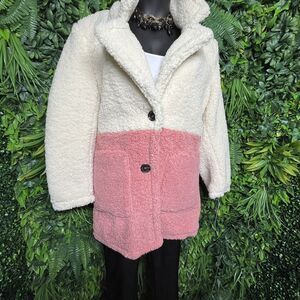 FRENCH CONNECTION Women Jacket XL Blazer Cream Pink Teddy Fleece‎ Faux Fur NWT